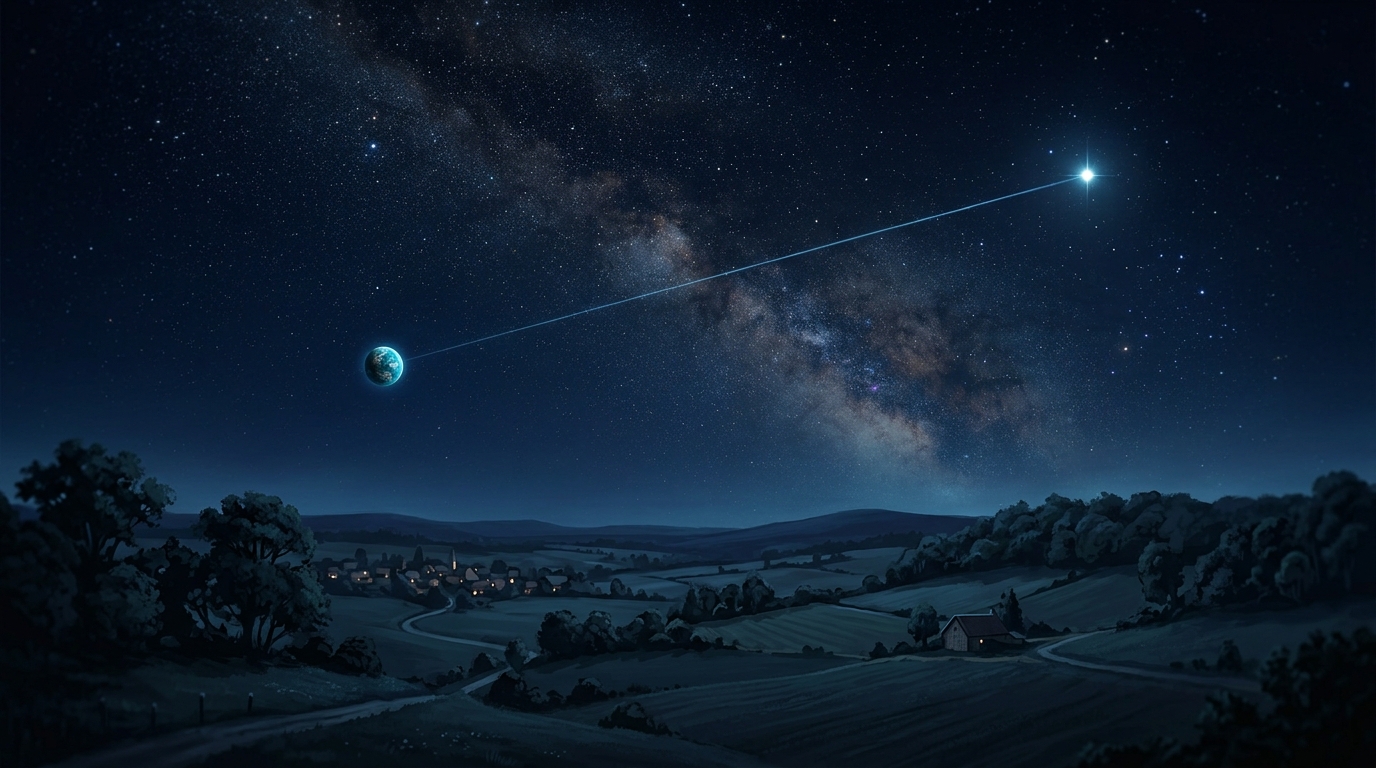 Nachthimmel mit Milchstraße über einer ländlichen Landschaft, ein feiner Lichtstrahl verbindet einen hellen Stern mit der Erde