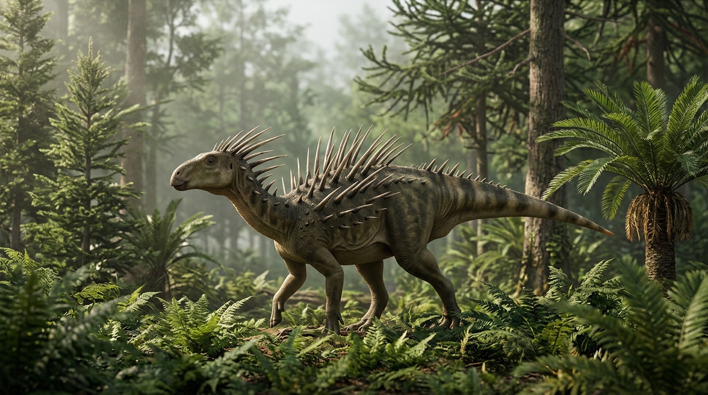 Künstlerische Rekonstruktion des pflanzenfressenden Dinosauriers Haolong dongi mit stacheligem Hornkleid