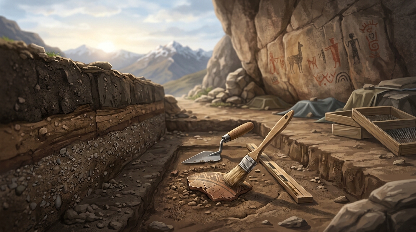 Archäologische Ausgrabungsstätte in den Anden mit freigelegten Erdschichten