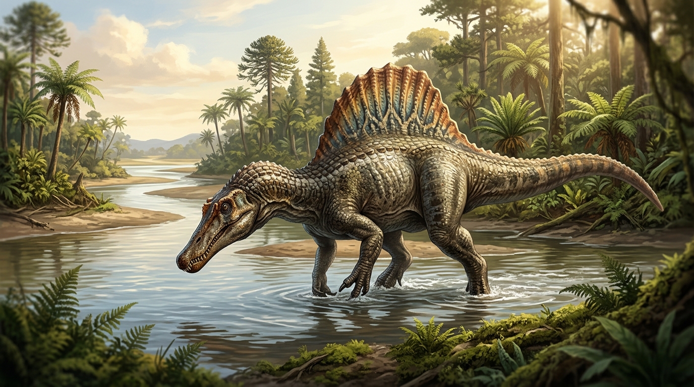 Paläontologische Rekonstruktion eines Spinosaurus an einem prähistorischen Flussufer