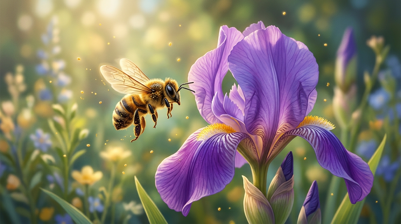 Nahaufnahme einer Biene beim Anflug auf eine violette Blüte