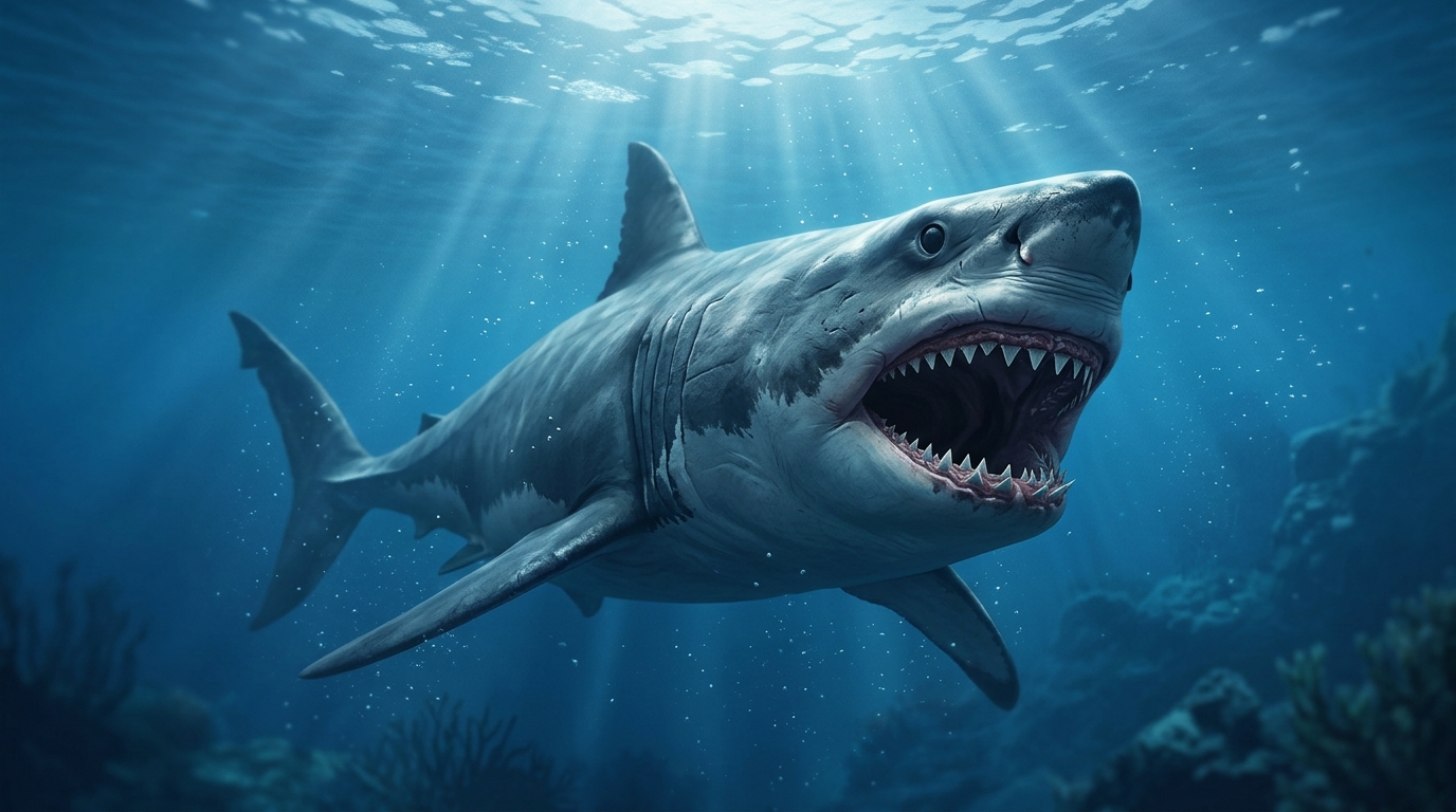 Illustration eines prähistorischen Megalodon mit geöffnetem Maul im tiefen Wasser