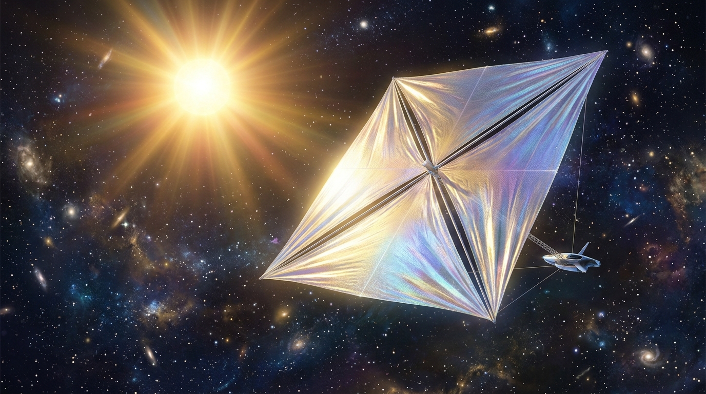 Künstlerische Darstellung von Sonnenstrahlen, die im Weltall auf ein reflektierendes Segel treffen