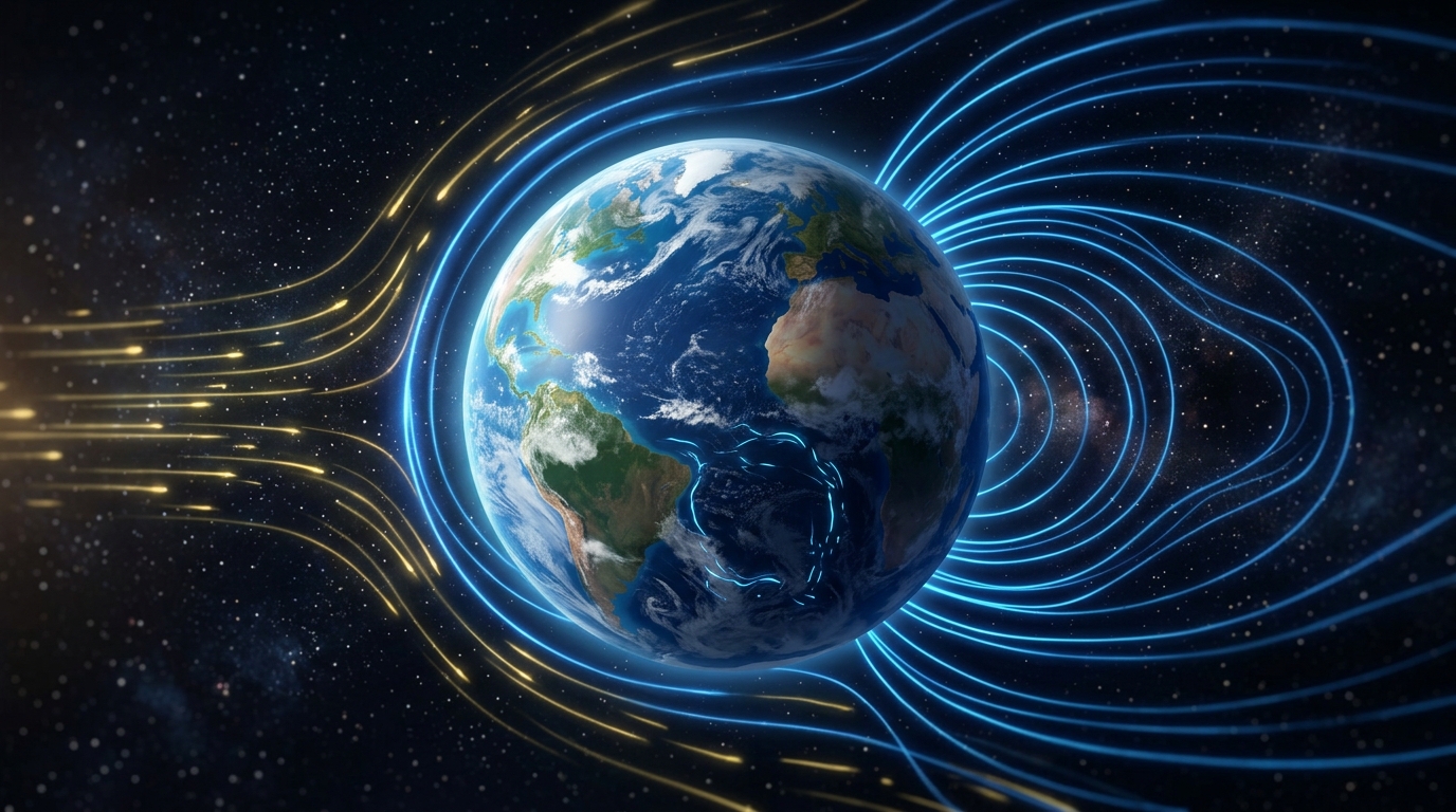 Visualisierung des Erdmagnetfelds mit einer Delle über dem Südatlantik