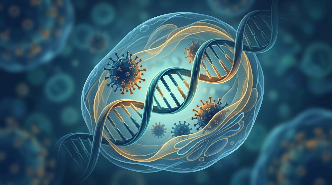 Künstlerische 3D-Darstellung einer leuchtenden DNA-Helix, die mit mikroskopischen Strukturen verschmilzt