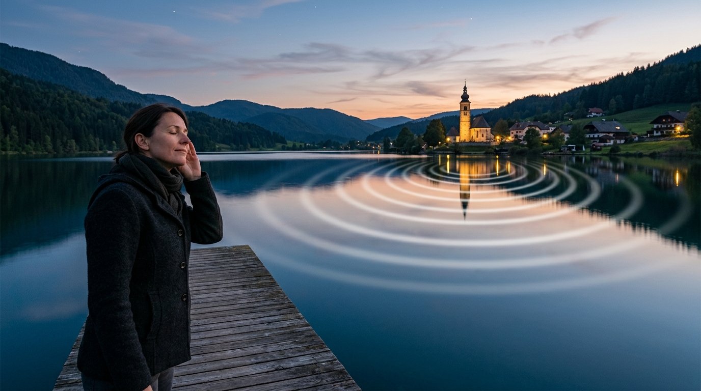 Frau steht in der Abenddämmerung auf einem Holzsteg am See und lauscht mit der Hand am Ohr, vom Kirchturm am anderen Ufer breiten sich Schallwellen als Ringe über das Wasser aus
