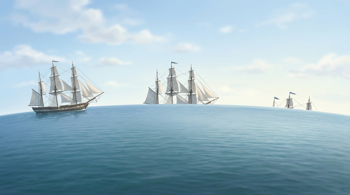 Drei Stadien eines Segelschiffs, das sich entfernt: erst ganz sichtbar, dann ohne Rumpf, zuletzt nur noch die Mastspitzen über dem Horizont (Krümmung stark übertrieben)