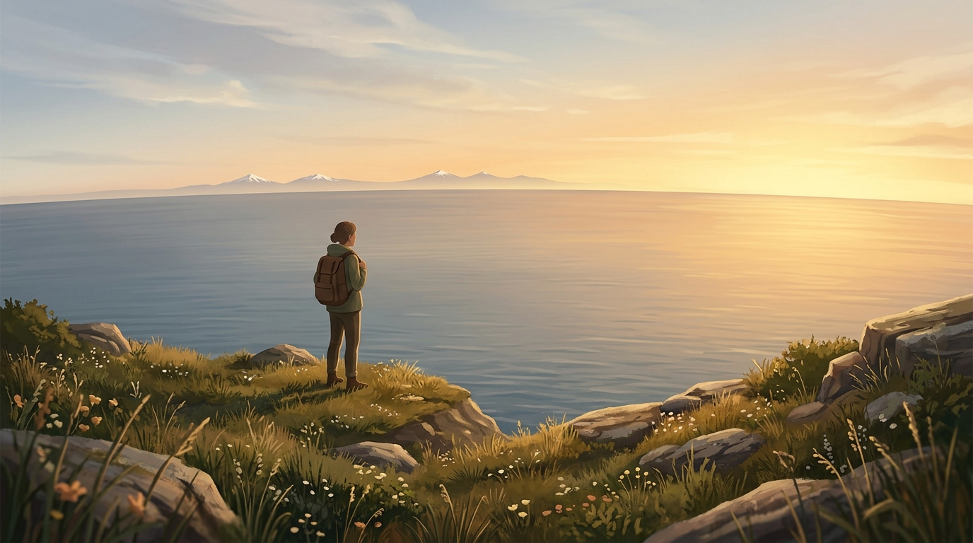 Wanderin steht bei Sonnenuntergang auf einer Klippe und blickt über das ruhige Meer zum Horizont, dahinter ragen ferne Berggipfel auf