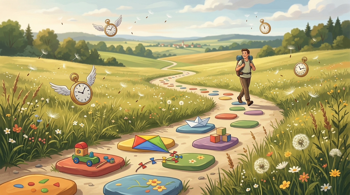 Gemalte Sommerwiese mit einem Weg aus bunten Trittsteinen voller Kinderspielzeug, die zum Horizont hin kleiner werden; ein fröhlicher Wanderer läuft darauf, fliegende Taschenuhren und Pusteblumen schweben in der Luft