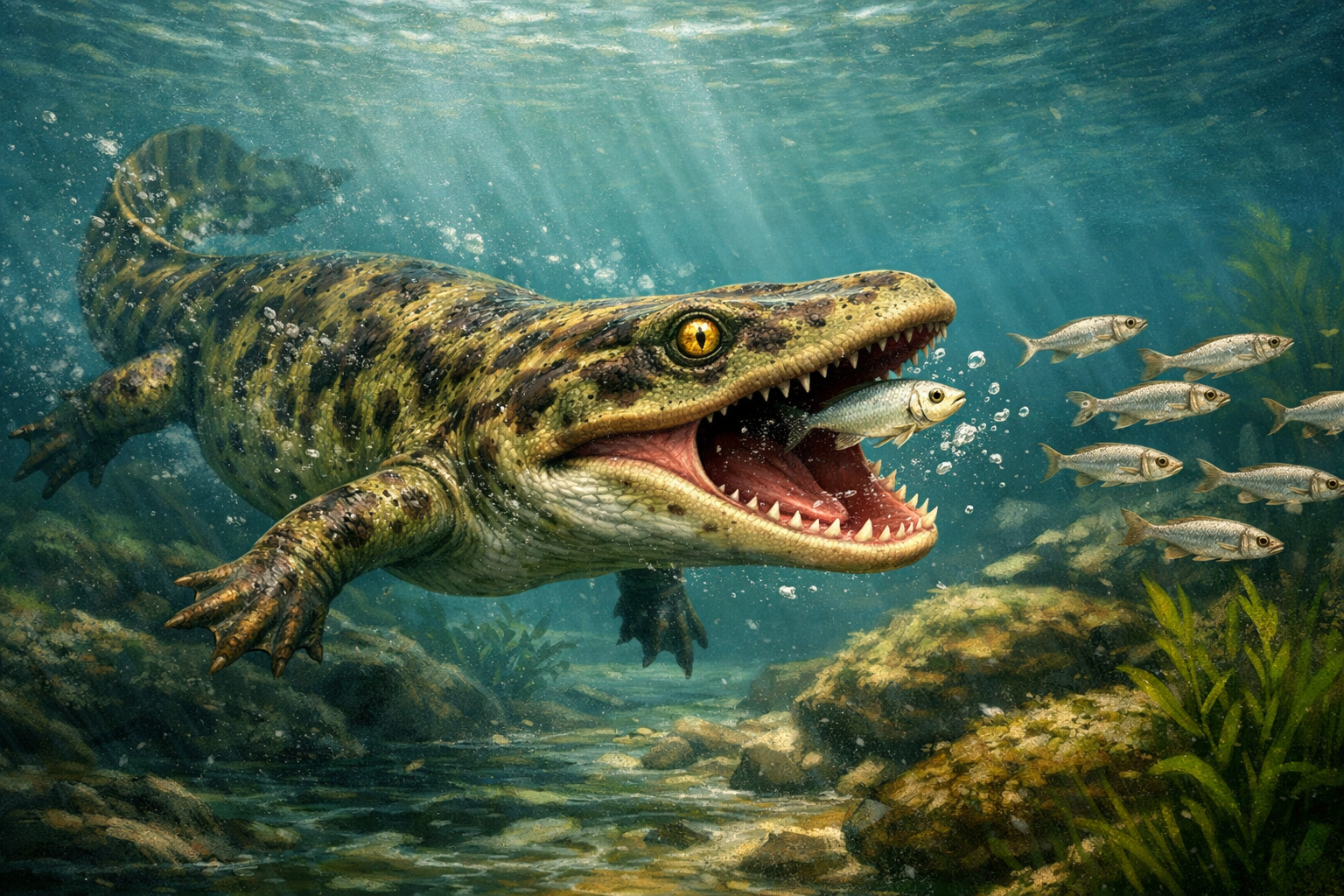 Erythrobatrachus Trematosaurid mit breitem Kopf schnappt nach Fisch in prähistorischem Fluss