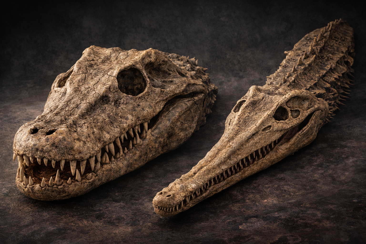 Zwei fossile Schädel urzeitlicher Amphibien nebeneinander – links ein breiter, krokodilartiger Erythrobatrachus-Schädel, rechts ein langer, schmaler Aphaneramma-Schädel