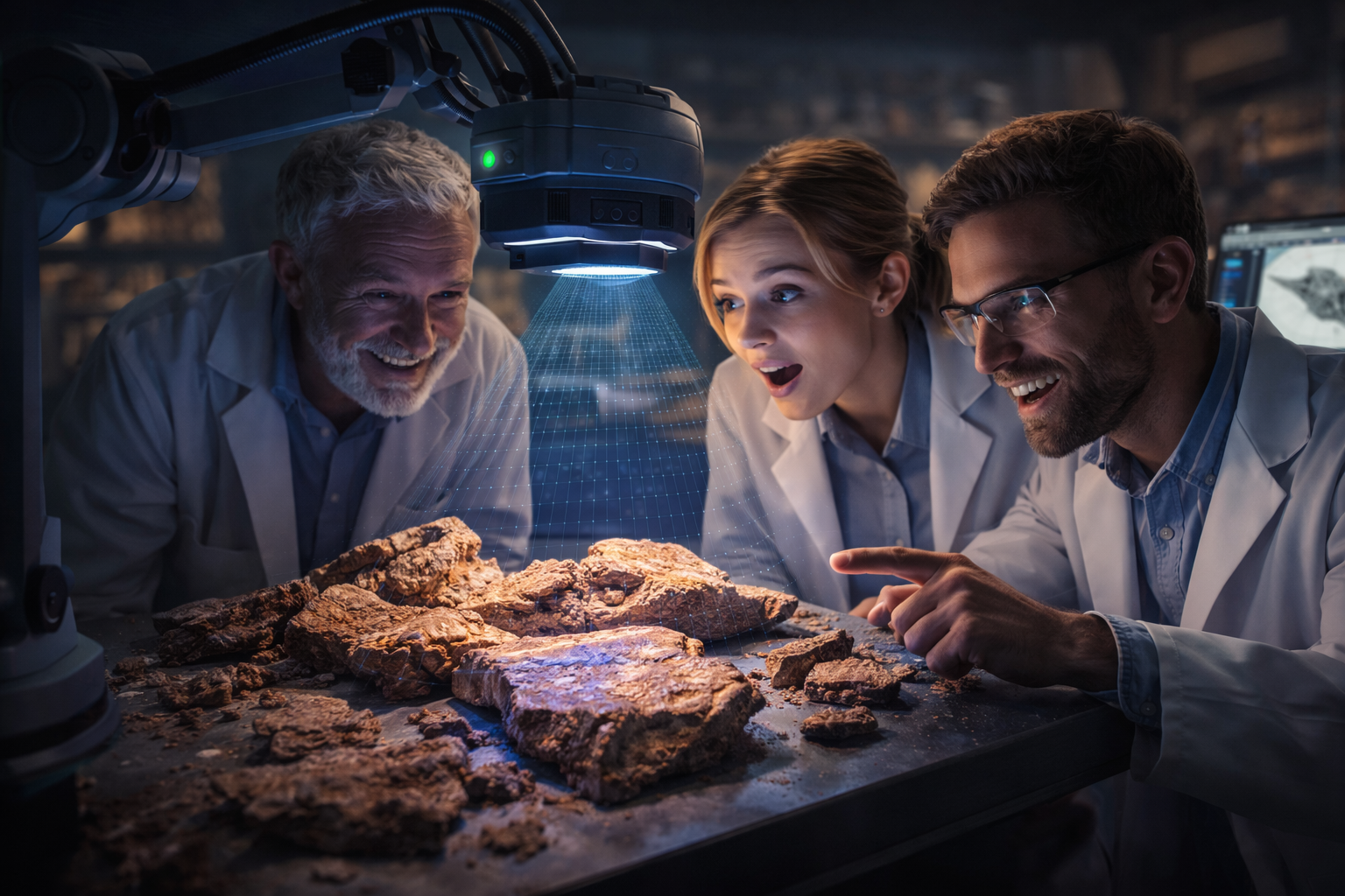 Drei Paläontologen untersuchen begeistert uralte Fossilienfragmente unter einem modernen 3D-Scanner in einem abgedunkelten Labor