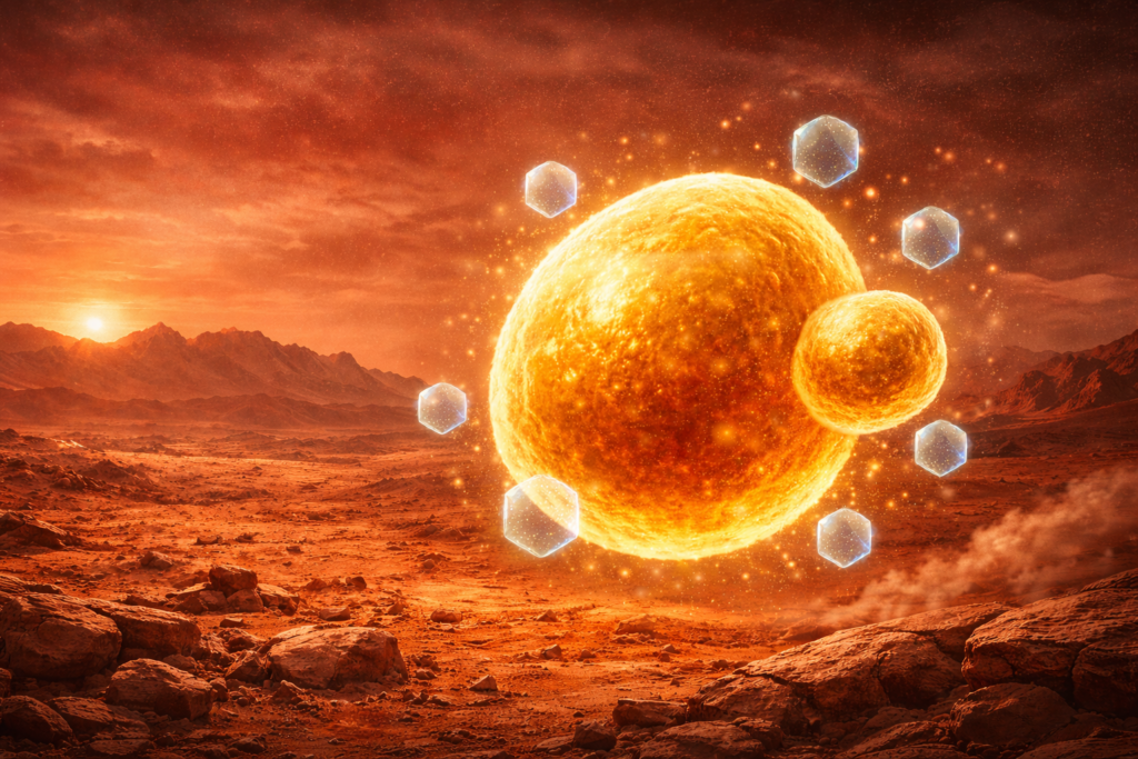 A microscopic yeast cell glowing on the surface of Mars, with dust and canyons in the background, symbolizing resilience.