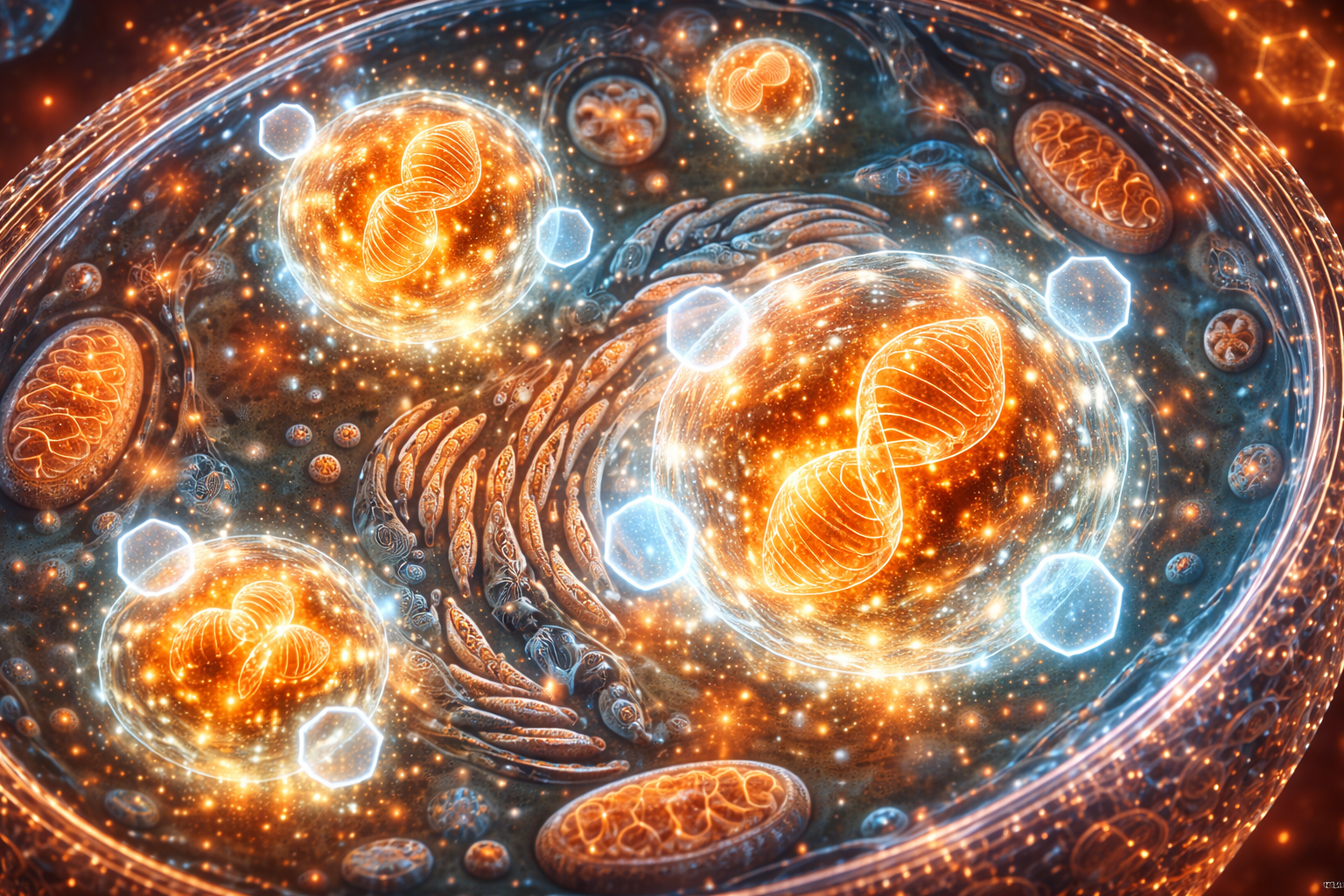 Microscopic view of a yeast cell showing glowing ribonucleoprotein (RNP) condensates forming protective clusters.