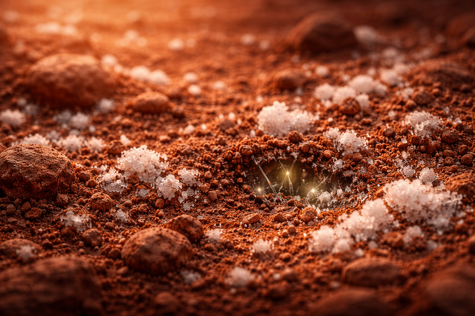Close-up of Martian soil with visible perchlorate salts and faint microscopic elements, depicting a harsh but not entirely lifeless environment.